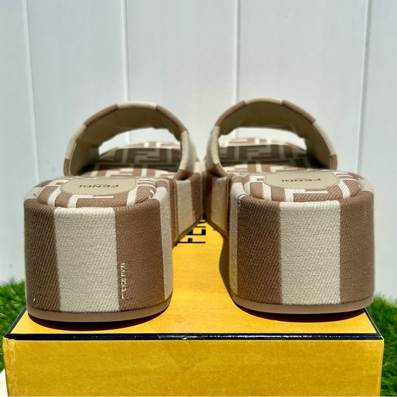 FENDI SUNSHINE EMBROIDERED LOGO PLATFORM SLIDE SANDAL NEUTRAL BEIGE SZ 38.5 NEW! - Picture 10 of 16